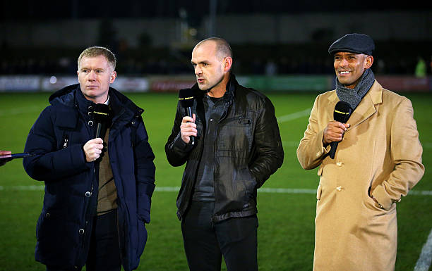 The BBC pundits L R Paul Scholes part owner of Salford City and former players Danny Murphy and Trevor Sinclair