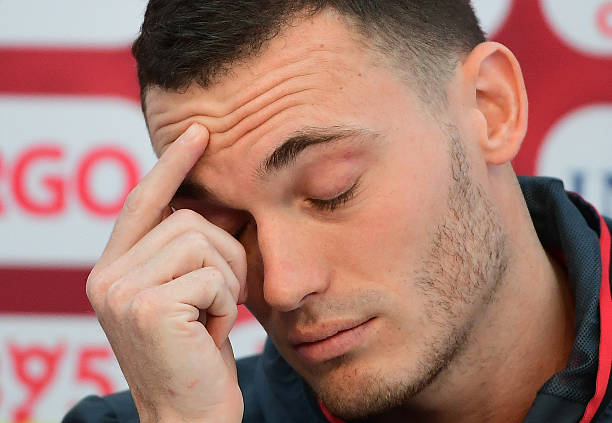 Belgium's defender Thomas Vermaelen gestures during a press conference at Le Haillan, south-western France, on June 14, 2016, during the Euro 2016 ...