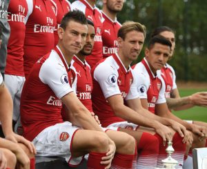 ST ALBANS, ENGLAND - SEPTEMBER 12: Laurent Koscielny of Arsenal during the 1st team squad photocall at London Colney on September 12, 2017 in St Albans, England. (Photo by David Price/Arsenal FC via Getty Images)