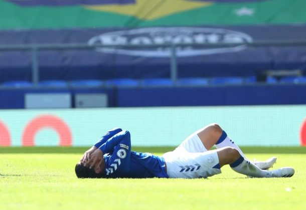 LIVERPOOL, ENGLAND - SEPTEMBER 19: James Rodriguez of Everton holds his face after Kieran Gibbs of West Bromwich Albion challenges him who is later...