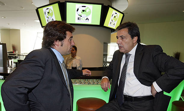MUNICH, GERMANY - OCTOBER 14: Raul Sanllehi (L) and Fernando Gomes (R) are seen during the ECA European Club Association meeting at the Allianz Are...