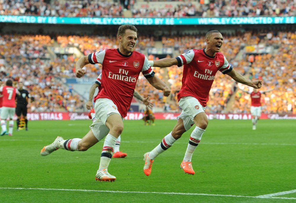 LONDON, ENGLAND - MAY 17: Aaron Ramsey celebrates scoring Arsenal's 3rd goal with Kieran Gibbs during the match between Arsenal and Hull City in th...