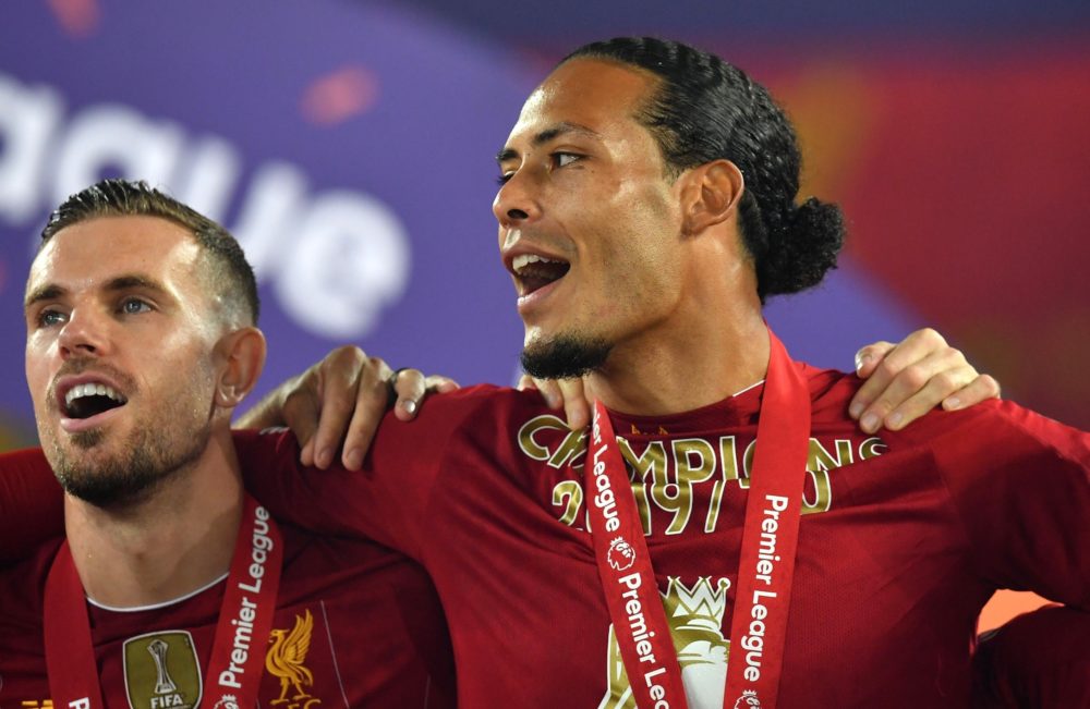 Arsenal's most expensive defenders compared to Virgil van Dijk 2 LIVERPOOL, ENGLAND - JULY 22: Jordan Henderson and Virgil van Dijk of Liverpool celebrate following the Premier League match between Liverpool FC and Chelsea FC at Anfield on July 22, 2020 in Liverpool, England. Football Stadiums around Europe remain empty due to the Coronavirus Pandemic as Government social distancing laws prohibit fans inside venues resulting in all fixtures being played behind closed doors. (Photo by Paul Ellis/Pool via Getty Images)