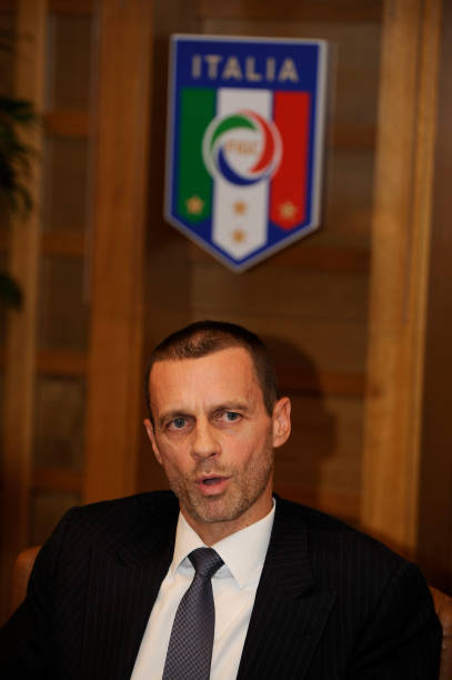 UEFA President Aleksander Ceferin attends a press conference during the visit at Italian Football Federation Headquartes on February 23, 2017 in Ro...