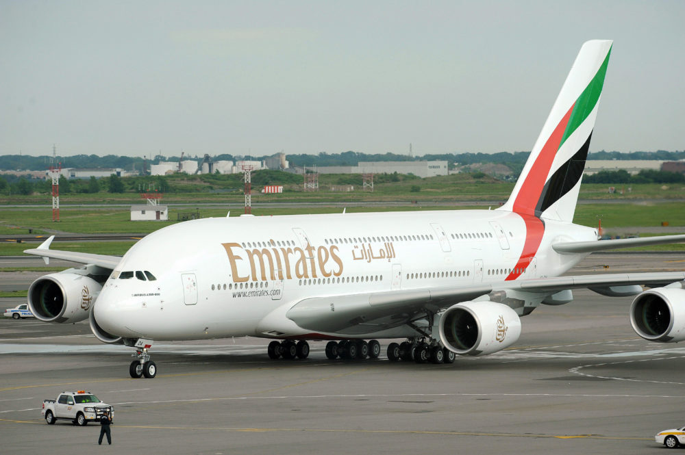 (FILES) File picture dated August 1, 2008 shows an Emirates Airline flight from Dubai landing at John F. Kennedy International Airport in New York....