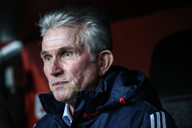LEVERKUSEN, GERMANY - Jupp Heynckes, head coach of Bayern Muechen looks on prior the Bundesliga match between Bayer 04 Leverkusen and FC Bayern Mue...