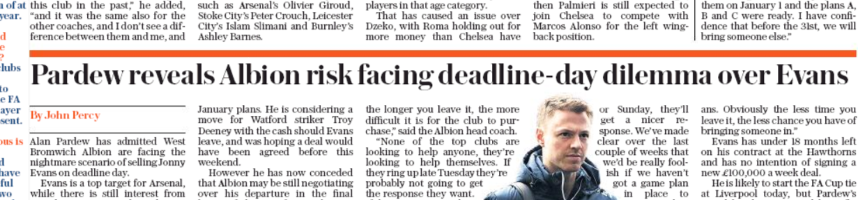 £20m and phone today: Pardew explains how Arsenal can best sign Jonny Evans 2 daily telegraph 27 january 2018