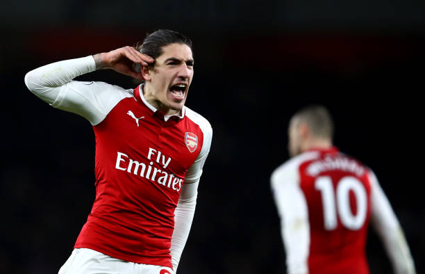 LONDON, ENGLAND - JANUARY 03: Hector Bellerin of Arsenal celebrates after scoring his sides second goal during the Premier League match between Ars...