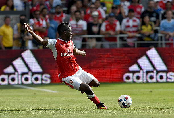 SAN JOSE, CA - JULY 28: Joel Campbell #28 of Arsenal FC kicks the ball up field against the MLS All-Stars during the first half of the AT&T MLS All...