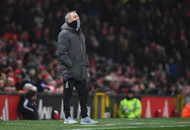 MANCHESTER, ENGLAND - JANUARY 05: Jose Mourinho, Manager of Manchester United looks on during the Emirates FA Cup Third Round match between Manches...