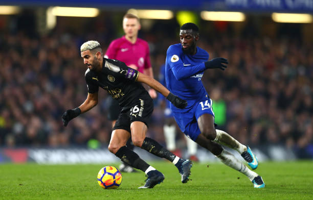 LONDON, ENGLAND - JANUARY 13: Riyad Mahrez of Leicester City is put under pressure by Tiemoue Bakayoko of Chelsea during the Premier League match b...