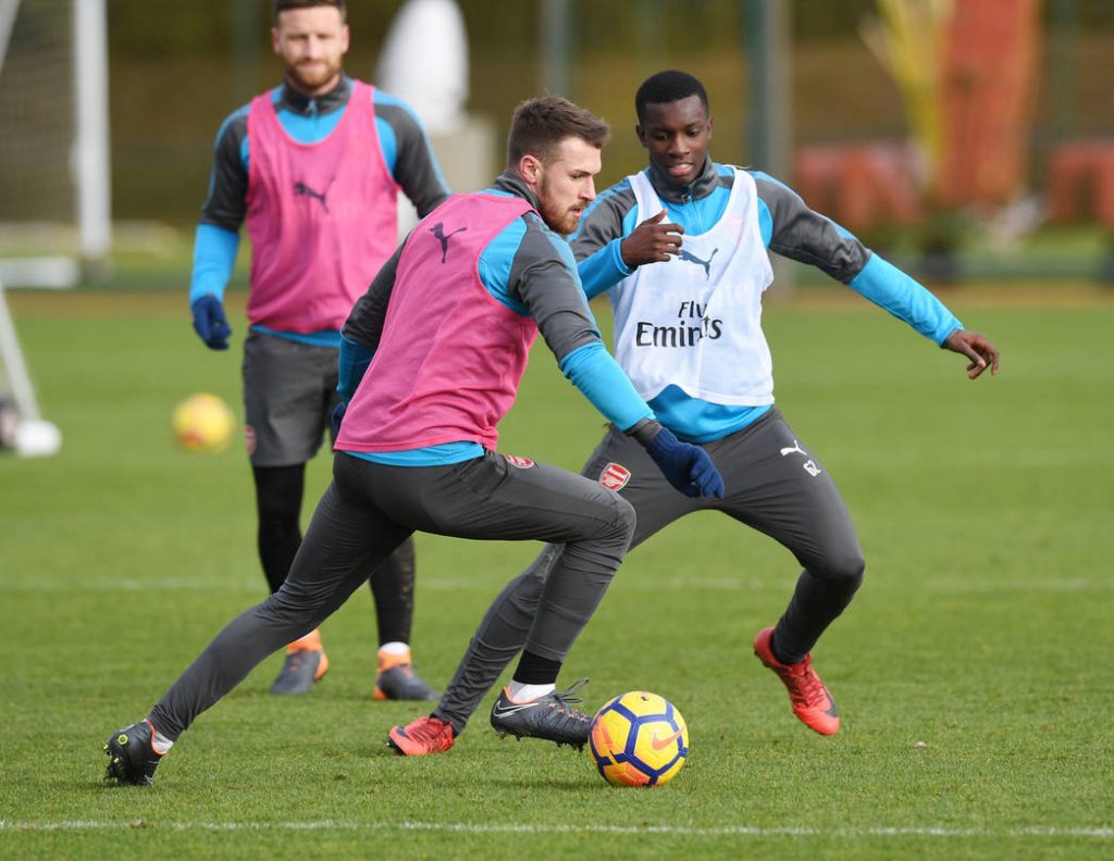 Aaron Ramsey and Eddie Nketiah in training at London Colney