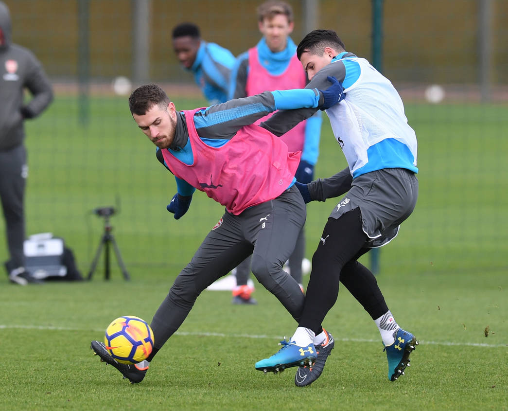 Aaron Ramsey and Granit Xhaka in training at London Colney