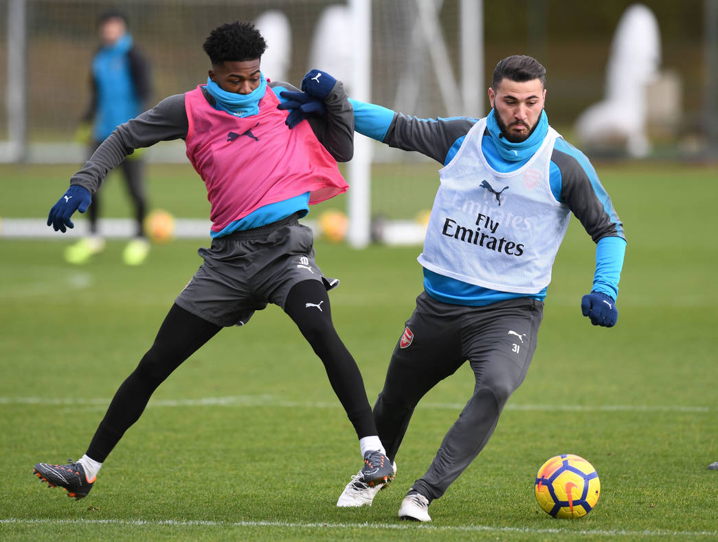 Ainsley Maitland Niles and Sead Kolasinac in training at London Colney