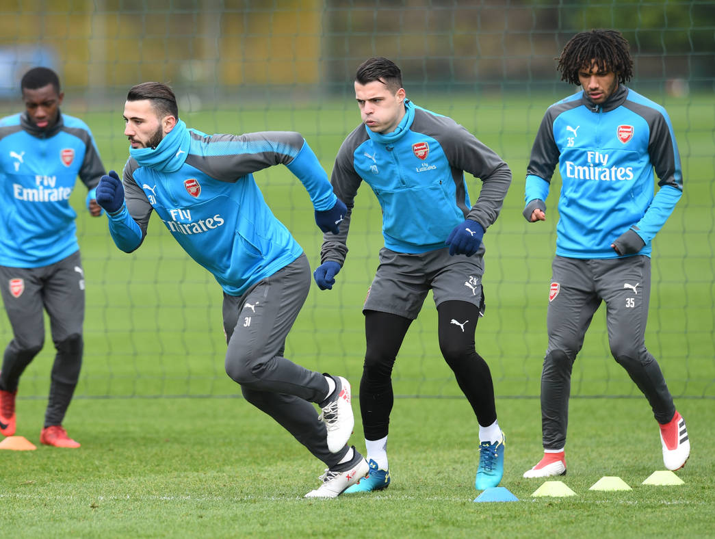 Sead Kolasinac Granit Xhaka Mohamed Elneny in trainint at London Colney