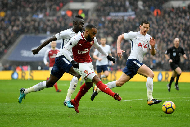 LONDON, ENGLAND - FEBRUARY 10: Alexandre Lacazette of Arsenal shoots and misses during the Premier League match between Tottenham Hotspur and Arsen...