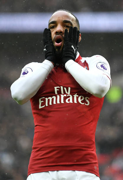 LONDON, ENGLAND - FEBRUARY 10: Alexandre Lacazette of Arsenal reacts following a missed chance during the Premier League match between Tottenham Ho...