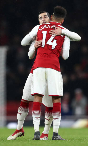 LONDON, ENGLAND - FEBRUARY 03: Henrikh Mkhitaryan of Arsenal and Pierre-Emerick Aubameyang of Arsenal celebrate victory together after the Premier ...