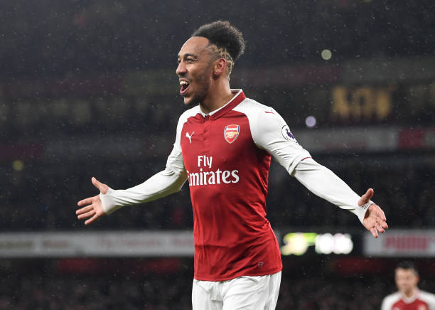 LONDON, ENGLAND - FEBRUARY 03: Pierre-Emerick Aubameyang of Arsenal celebrates after scoring his sides fourth goal during the Premier League match ...