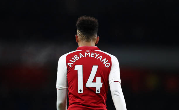 LONDON, ENGLAND - FEBRUARY 03: Pierre-Emerick Aubameyang of Arsenal during the Premier League match between Arsenal and Everton at Emirates Stadium...