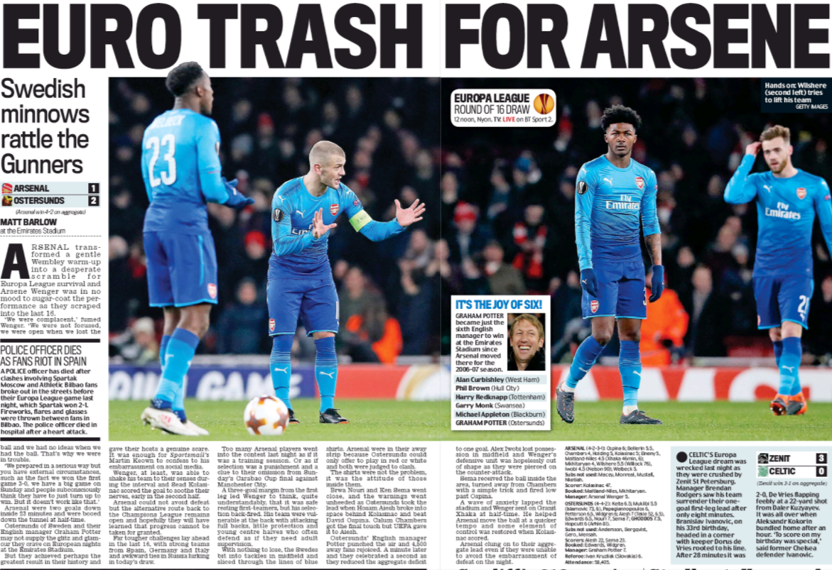 Arsenal fans seethe after Wenger makes ridiculous excuses for Östersunds FK defeat 3 daily mail feb 23