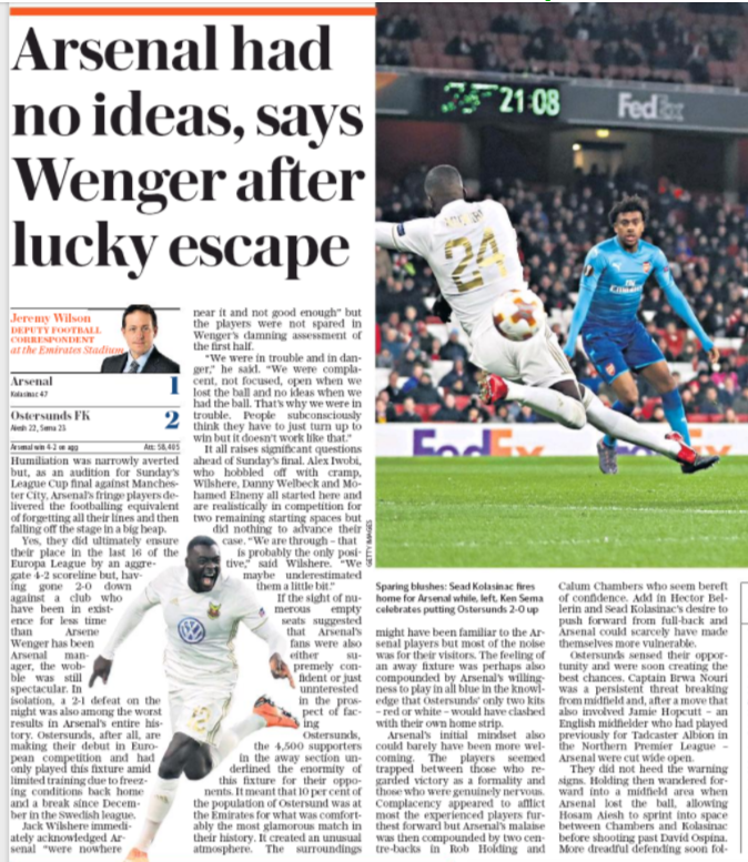 Arsenal fans seethe after Wenger makes ridiculous excuses for Östersunds FK defeat 2 daily telegraph 23 feb 2