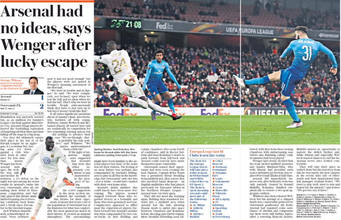 Does Wenger's complacency rant further prove his players no longer listen? 2 daily telegraph 23 feb