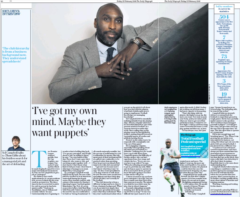 'He was not big on that': Sol Campbell criticises Wenger's defensive coaching 2 daily telegraph sol campbell 23 feb 2018