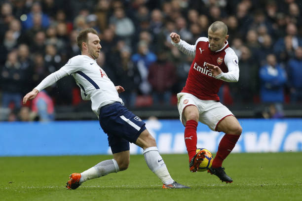 Abject Arsenal: Only 1 player stands out in tragic Tottenham player ratings 3 Tottenham Hotspur's Danish midfielder Christian Eriksen (L) tangles with Arsenal's English midfielder Jack Wilshere (R) during the English Premier League football match between Tottenham Hotspur and Arsenal at Wembley Stadium in London, on February 10, 2018. / AFP PHOTO / IKIMAGES / Ian KINGTON /