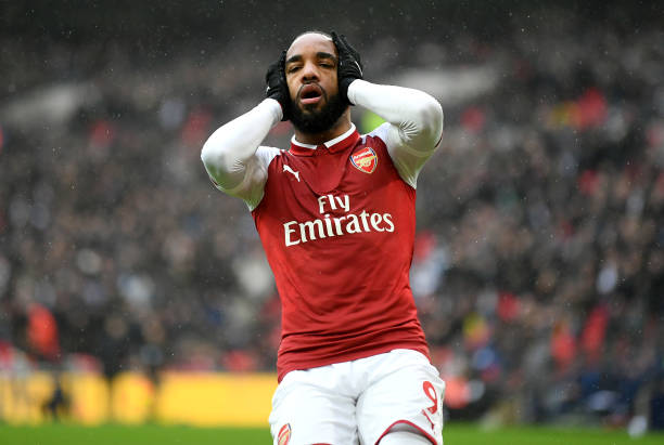 LONDON, ENGLAND - FEBRUARY 10: Alexandre Lacazette of Arsenal reacts following a missed chance during the Premier League match between Tottenham Hotspur and Arsenal at Wembley Stadium on February 10, 2018 in London, England. (Photo by Laurence Griffiths/Getty Images)