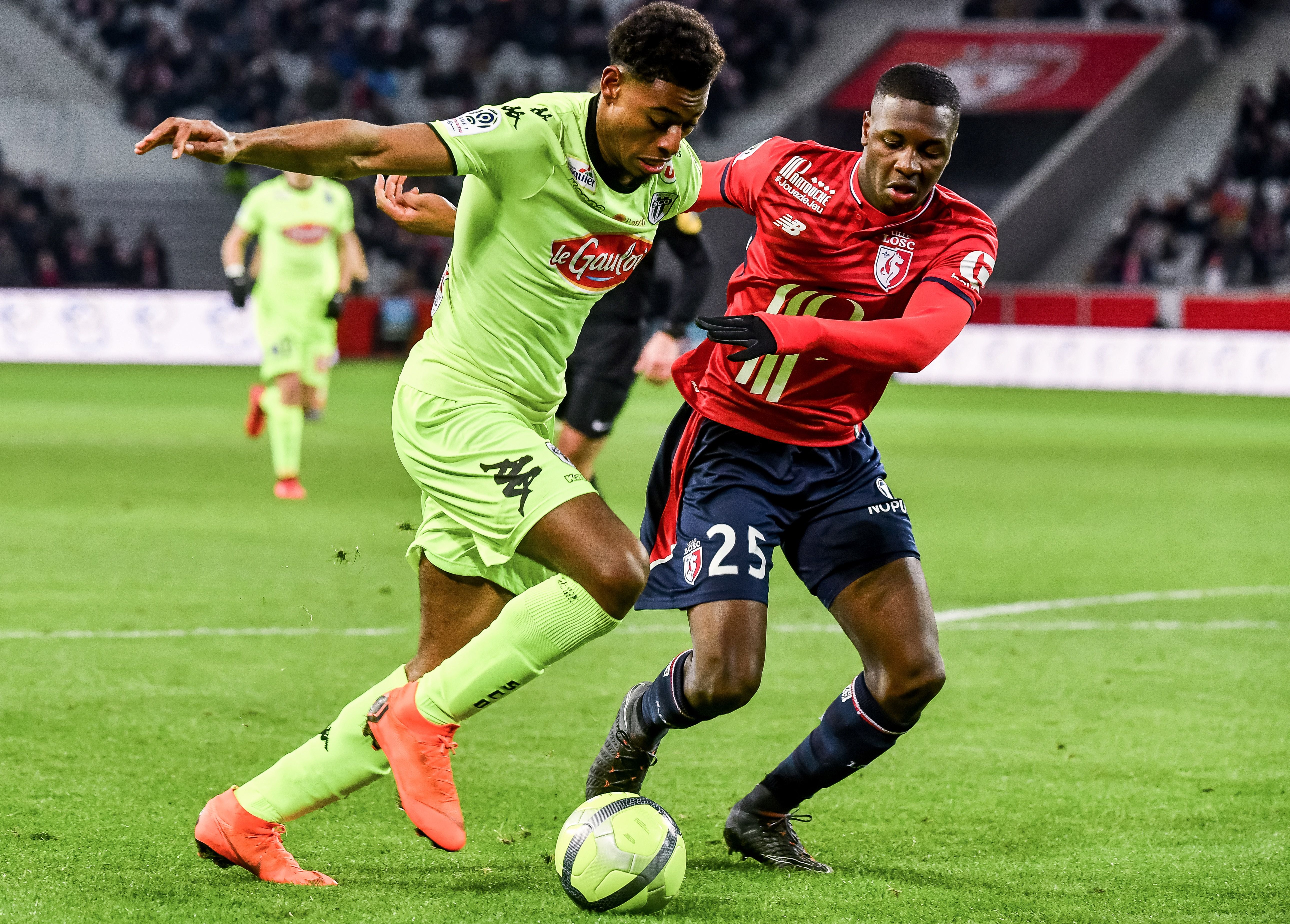 Lille's French defender Fode Ballo-Toure (R) vies with Angers' French midfielder Jeff Reine Adelaide during the French L1 football match Lille vs A...