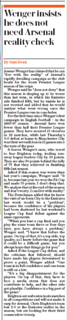 Can't fix it: Wenger admits Arsenal’s crucial flaw is causing issues 2 Sunday Telegraph 4 March 2018 Wenger confidence