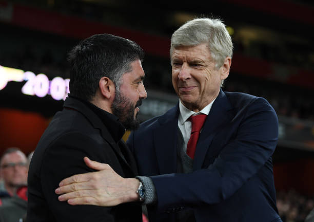 LONDON, ENGLAND - MARCH 15: Arsene Wenger of Arsenal greets Gennaro Gattuso fo AC Milan prior to the UEFA Europa League Round of 16 Second Leg matc...