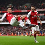 LONDON, ENGLAND - MARCH 11: Pierre-Emerick Aubameyang of Arsenal celebrates scoring the 2nd Arsenal goal with Sead Kolasinac of Arsenal during the Premier League match between Arsenal and Watford at Emirates Stadium on March 11, 2018 in London, England. (Photo by Julian Finney/Getty Images)