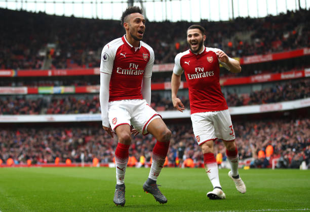 LONDON, ENGLAND - MARCH 11: Pierre-Emerick Aubameyang of Arsenal celebrates scoring the 2nd Arsenal goal with Sead Kolasinac of Arsenal during the ...
