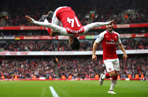 LONDON, ENGLAND - MARCH 11: Pierre-Emerick Aubameyang of Arsenal celebrates scoring the 2nd Arsenal goal with Sead Kolasinac of Arsenal during the Premier League match between Arsenal and Watford at Emirates Stadium on March 11, 2018 in London, England. (Photo by Julian Finney/Getty Images)