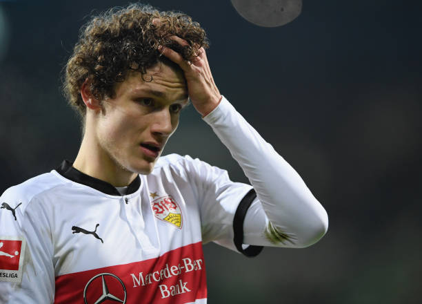 BREMEN, GERMANY - DECEMBER 02: Benjamin Pavard of Stuttgart looks dejected after the Bundesliga match between SV Werder Bremen and VfB Stuttgart at...
