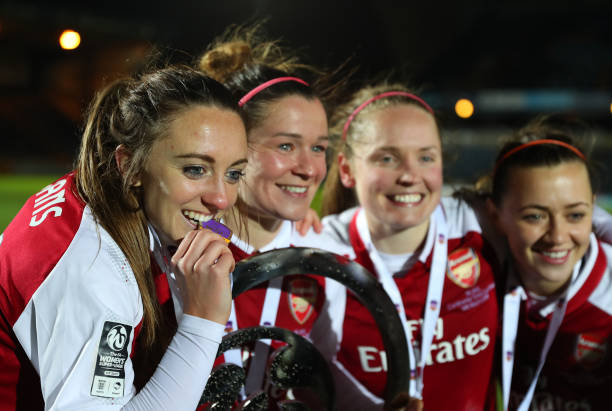 HIGH WYCOMBE, ENGLAND - MARCH 14: Lisa Evans of Arsenal Women celebrates with her medal after the WSL Continental Cup Final between Arsenal Women a...