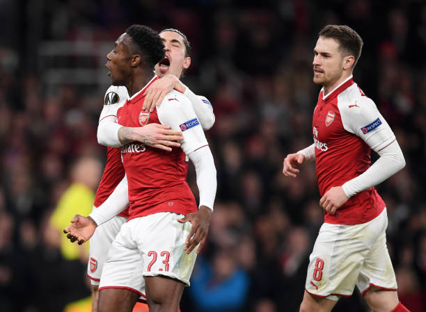 Xhaka continues to impress as Welbeck steals the headlines: Player ratings v Milan 4 LONDON, ENGLAND - MARCH 15: Danny Welbeck of Arsenal celebrates his penalty with Hector Bellerin and Aaron Ramsey during the UEFA Europa League Round of 16 Second Leg match between Arsenal and AC Milan at Emirates Stadium on March 15, 2018 in London, England. (Photo by Shaun Botterill/Getty Images)