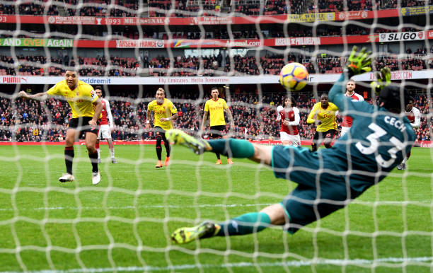 LONDON, ENGLAND - MARCH 11: Troy Deeney of Watford sees his penalty saved by Petr Cech of Arsenal during the Premier League match between Arsenal and Watford at Emirates Stadium on March 11, 2018 in London, England. (Photo by Michael Regan/Getty Images)