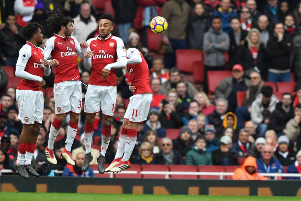 5 things Arsenal learned from exciting Watford win 4 Arsenal's Nigerian striker Alex Iwobi (L), Arsenal's Egyptian midfielder Mohamed Elneny (2nd L), Arsenal's Gabonese striker Pierre-Emerick Aubameyang (2nd R) and Arsenal's German midfielder Mesut Ozil (R) jump to try to block a freekick during the English Premier League football match between Arsenal and Watford at the Emirates Stadium in London on March 11, 2018. (BEN STANSALL/AFP/Getty Images)