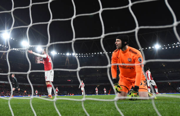 LONDON, ENGLAND - MARCH 01: Petr Cech of Arsenal shows his frustration after Leroy Sane of Manchester City scores the third goal during the Premier League match between Arsenal and Manchester City at Emirates Stadium on March 1, 2018 in London, England. (Photo by Shaun Botterill/Getty Images)