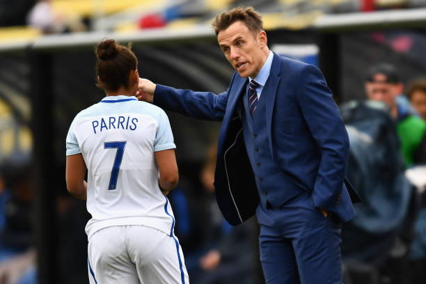 Phil Neville speaking to Nikita Parris during England Women v France Women in the SheBelieves Cup