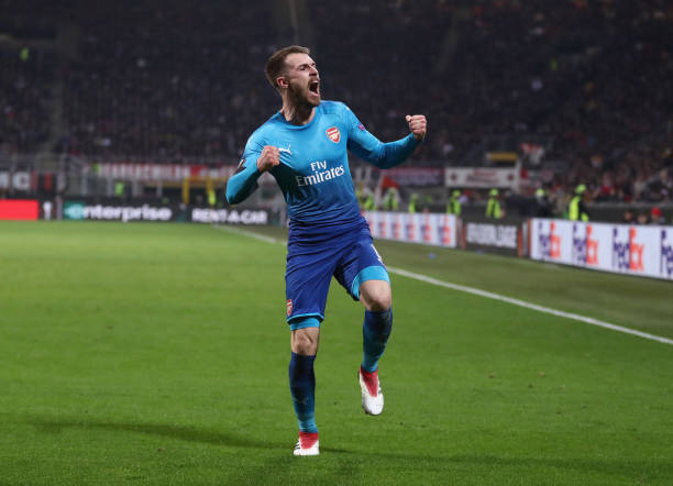 MILAN, ITALY - MARCH 08: Aaron Ramsey of Arsenal celebrates after scoring during the UEFA Europa League Round of 16 match between AC Milan and Arse...