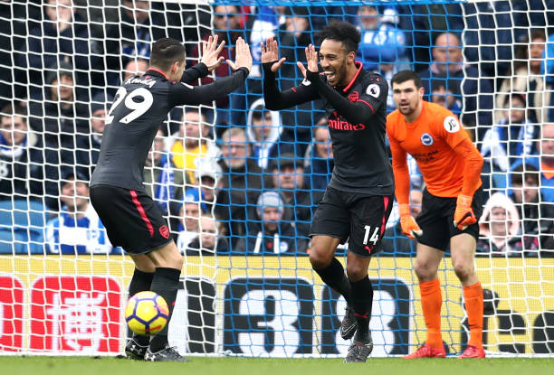 Defensive mistakes kill Arsenal again: Player ratings v Brighton 3 BRIGHTON, ENGLAND - MARCH 04: Pierre-Emerick Aubameyang of Arsenal celebrates with Granit Xhaka after scoring his sides first goal during the Premier League match between Brighton and Hove Albion and Arsenal at Amex Stadium on March 4, 2018 in Brighton, England. (Photo by Catherine Ivill/Getty Images)
