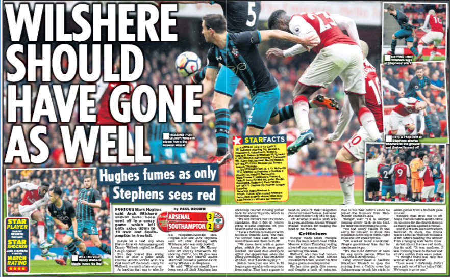 Media call for Manchester United red but ignore Southampton man's terrible tackles v Arsenal 2 9 april 2018 daily star hughes wilshere
