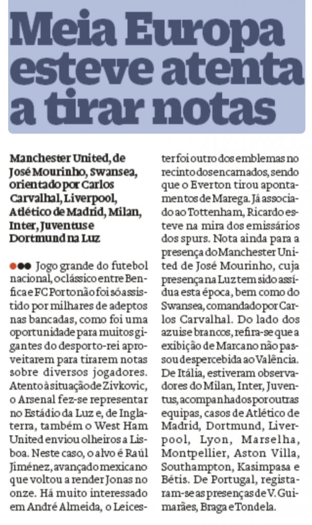 Arsenal send scouts to two Primeira Liga matches over the weekend 2 O Jogo