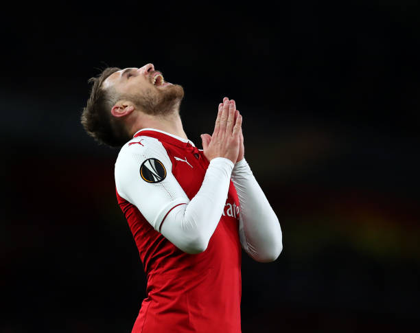LONDON, ENGLAND - APRIL 05: Aaron Ramsey of Arsenal reacts during the UEFA Europa League quarter final leg one match between Arsenal FC and CSKA Mo...