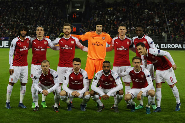 MOSCOW, RUSSIA - APRIL 12: Players of Arsenal FC pose for photographers before the UEFA Europa League quarter final leg two match between PFC CSKA Moskva and Arsenal FC at CSKA Arena stadium on April 12, 2018 in Moscow, Russia. (Photo by Oleg Nikishin/Getty Images)