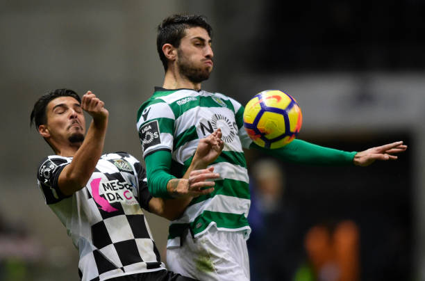 Cristiano Piccini (L) vies with Boavista's Portuguese midfielder Rochinha during the Portuguese football match between Boavista and Sporting at the...